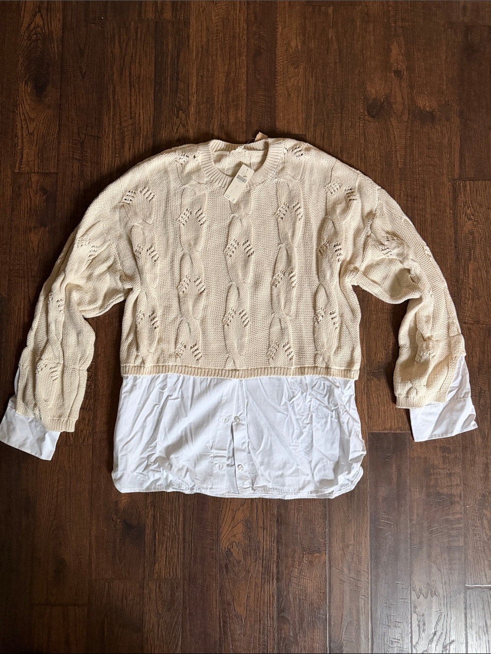 Pilcro Cream Layered Knit Crewneck Sweater with White Shirt Hem